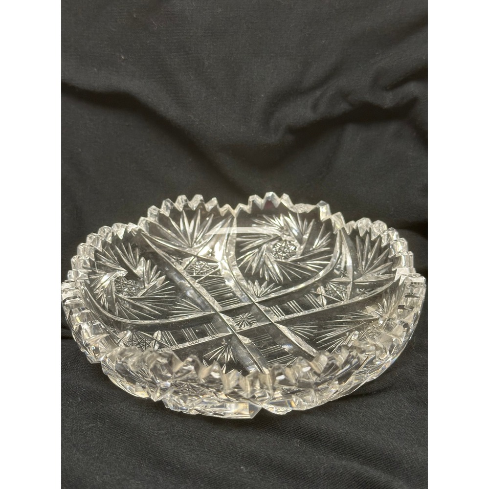 VTG Heavy Cut Glass Candy/Nut Bowl Pinwheel 5-3/4" Starburst Sawtooth Rim